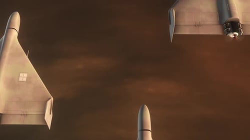 Foto ascendente acima das nuvens do pôr do sol de um trio de drones Shahed 136 Kamikaze voando acima das nuvens