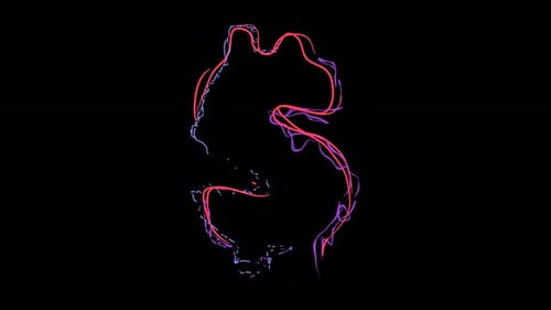 Dollar currency symbol made of multicolor neon curves and lightnings on alpha. Loop 4k clip.