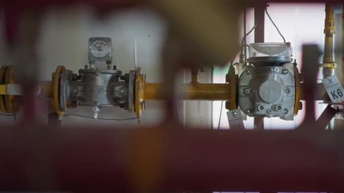 Gas Pipe with Knots and Pressure Manometer in Boiler House