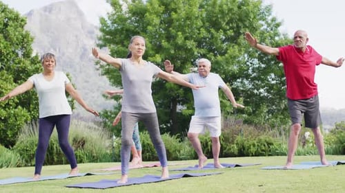Diverse group of male and female seniors practicing yoga together in sunny garden, slow motion