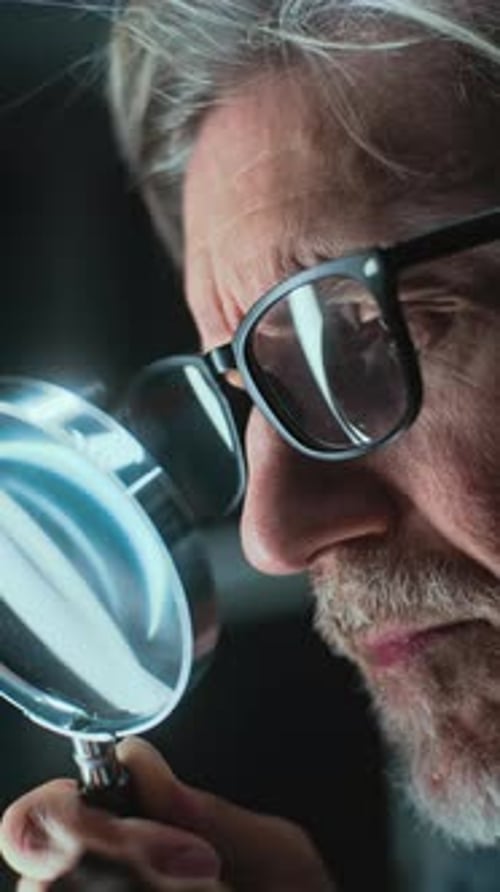 Man Examining Detail with Magnifying Glass Close Up