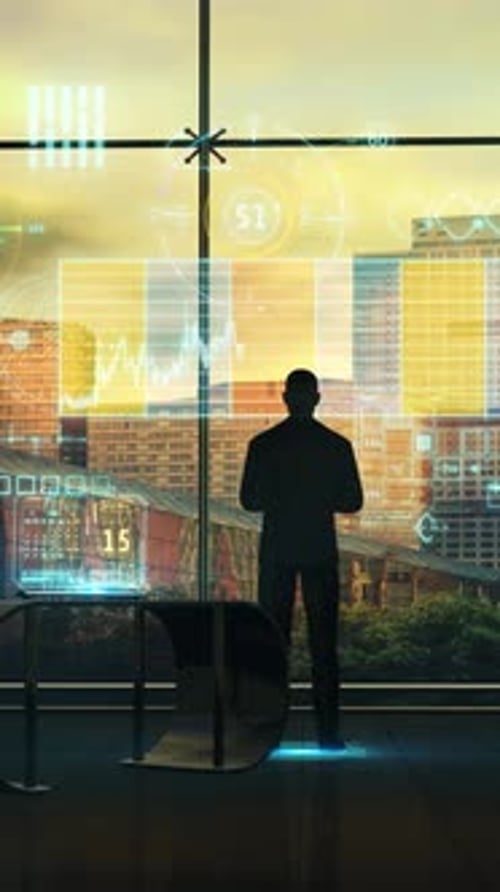 Silhouette of a Businessman on the Background of Stock Infographics 3D Render