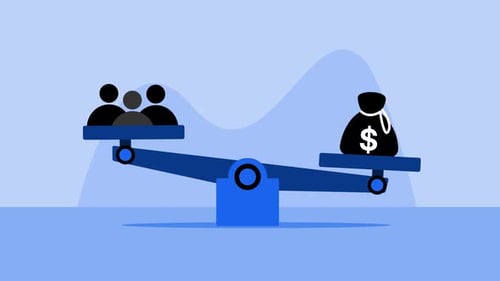 Animated Balance Scale Comparing People and Money in Flat Design