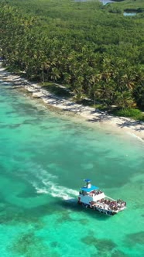 Aerial View on Caribbean Sea with Boat Floating in Water Tropical Destination Dominican Republic