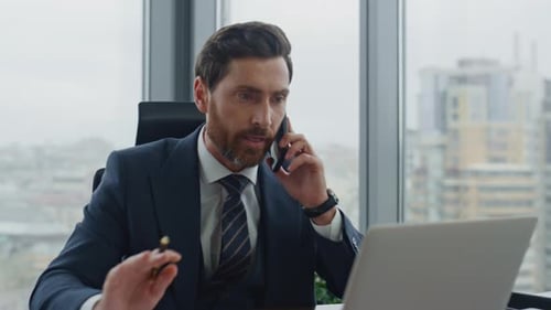Man Banker Calling Client Having Nervous Conversation in Office Close Up