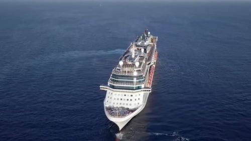 Large cruise ship at sea, Aerial follow footage