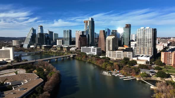 Aerial view around the riverside skyline of Austin, sunny autumn day in ...