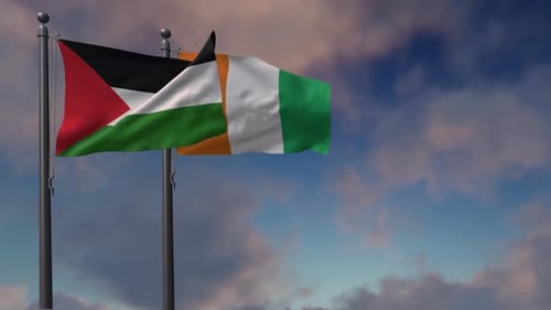Palestinian and Ivory Coast Flags Waving Together in Sky
