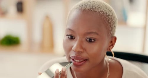 Phone call, voice recognition and black woman in the office with a cellphone while working