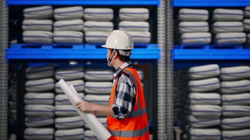 Side View of Asian Male Engineer Looking At Blueprint While Walking at Warehouse