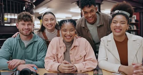 College, students or friends together at library with smile for education