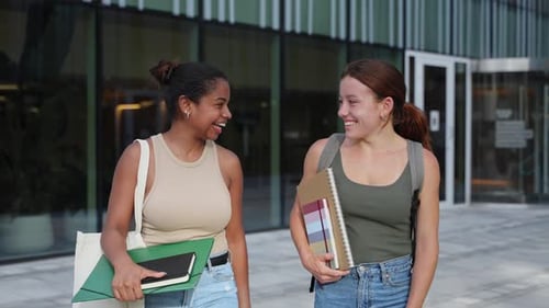 University Student Girl Friends with Learning Books Walking Out School Building African American