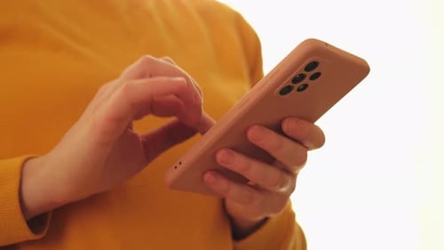 Woman Hand Holding Cell Phone Touch Screen Typing Scroll Page Using App Smartphone Mobile Phone