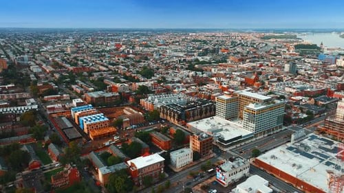 Urban scenery of Philadelphia, Pennsylvania, USA. Drone flying above the city on sunny daytime.