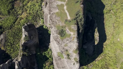 Aerial view of natural rounded pillars rocks in Meteora region, Trikala, Thessaly, Greece.