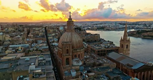 Aerial View of Valletta Old Town in Malta at Sunset Flying Over Valletta Old City Malta