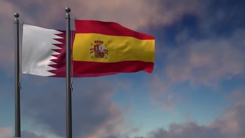 Qatar and Spain Flags Waving in Cloudy Sky