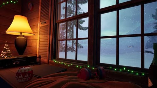 Cozy Christmas Cabin Window View with Northern Lights