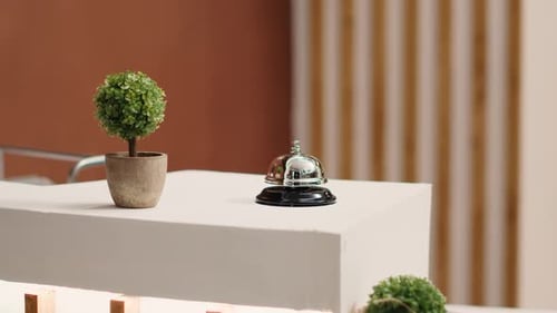 Reception Desk Bell and Potted Plant Still Shot