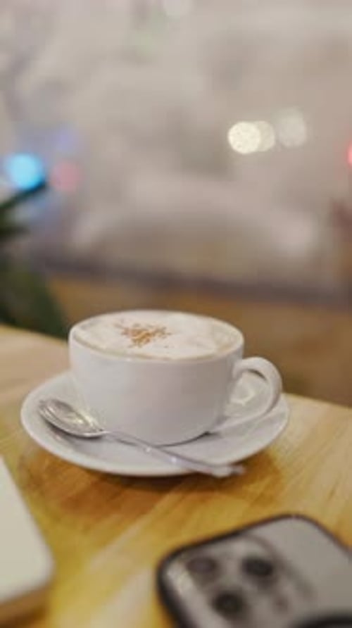 Enjoying a Cozy Coffee Moment with a Warm Cup of Delicious Cappuccino Resting on a Beautiful Wooden