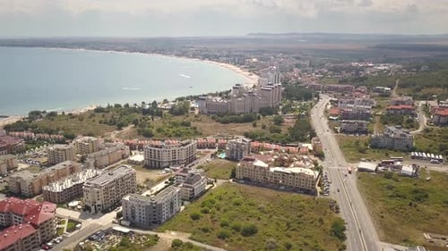 Aerial View of Sunny Beach City That is Located on Black Sea Shore Top View of Sand Beaches with