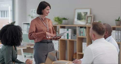 Business, woman or speaker with tablet for presentation, meeting or training in office