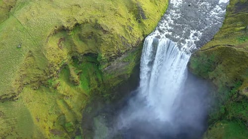 4k aerial slow motion view of epic waterfall, Skogafoss waterfall, Iceland