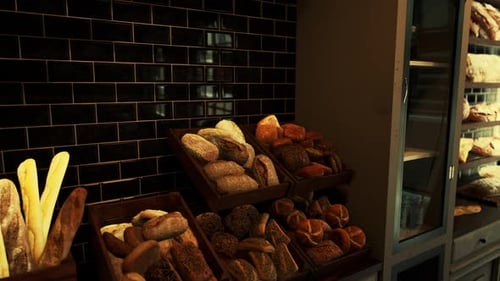 3D Bakery Scene with Assorted Breads and Dynamic Lighting