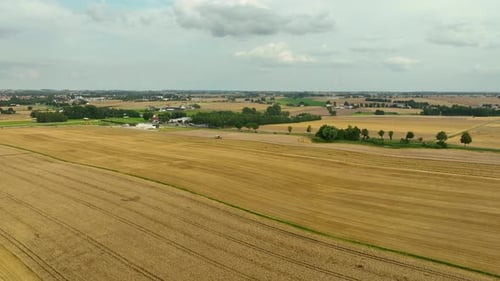 Wide aerial view of expansive golden fields stretching towards a distant village. The landscape is d