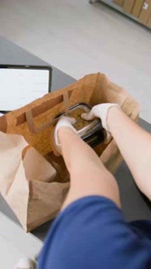 Top View of Hands of Food Store Employee Packing Groceries in Bag for Delivery