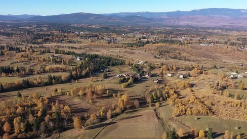 Flying Above Rural Countryside Landscape. Homestead and Village in the Autumn with Colorful Trees
