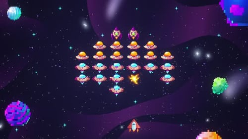 Retro Pixel Art Space Game: Rocket Ship Shoots Alien Invaders