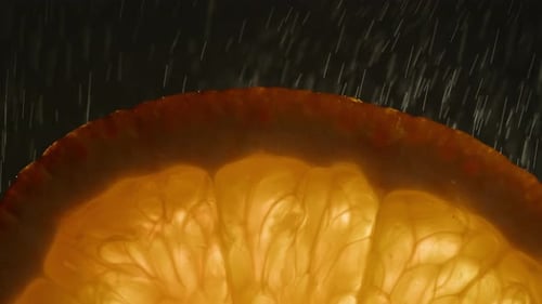 Fruit orange avec eau, gros plan, tranche macro de fruit orange exotique frais, texture, état de santé