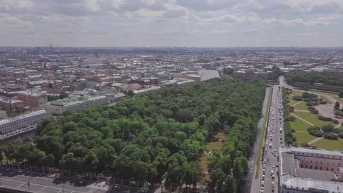 Saint-Petersburg, an aerial drone footage of central park Summer Garden, boats in a river, channel,