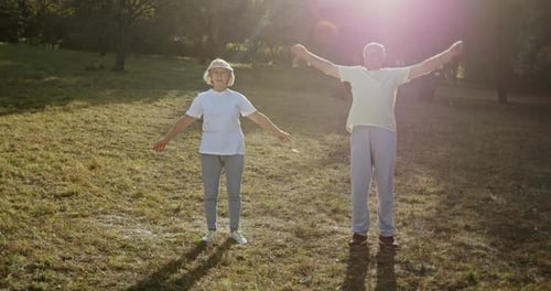 Senior Couple Exercising in Park Elderly Man and Woman Swinging Arms Together During Fitness