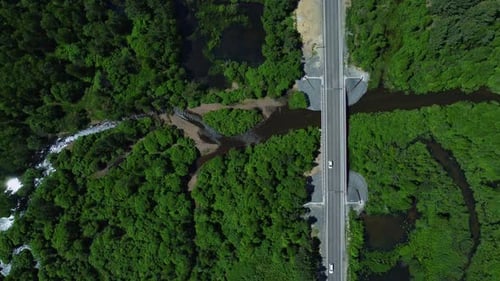 Top View of Cars Drive Along Highway in Green Countryside Irrl