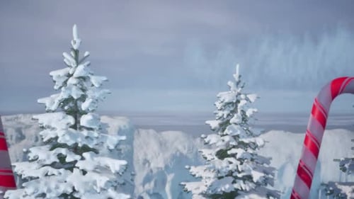 Animated Winter Forest with Festive Candy Cane and Snow