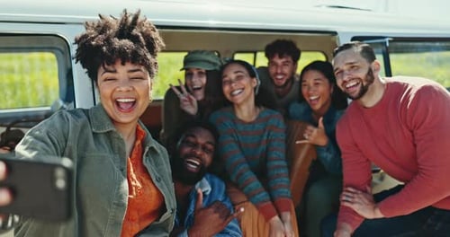 Friends, road trip and happy selfie for outdoor adventure, countryside holiday