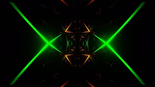 Beweglicher Spiegel-Tunnel-Hintergrund mit grünem und orangefarbenem Neonmuster, VJ Loop in 4K