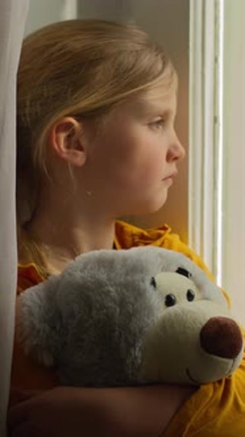 Girl Hugging Teddy Bear Looking Out Window