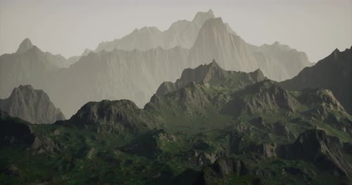 Dramatic Mountain Landscape Showcasing Rugged Peaks and Lush Vegetation
