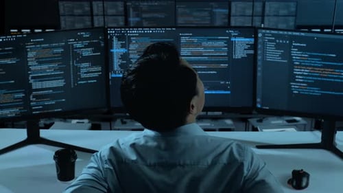 Asiatischer Mann hat Rückenschmerzen beim Schreiben von Code mit mehreren Computerbildschirmen im Büro