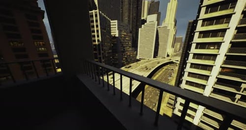 View From a High Balcony Overlooking a Busy City Street and Skyscrapers