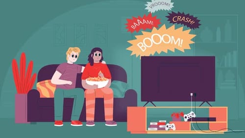 couple watching a movie watching a movie at home eating popcorn animation 4k