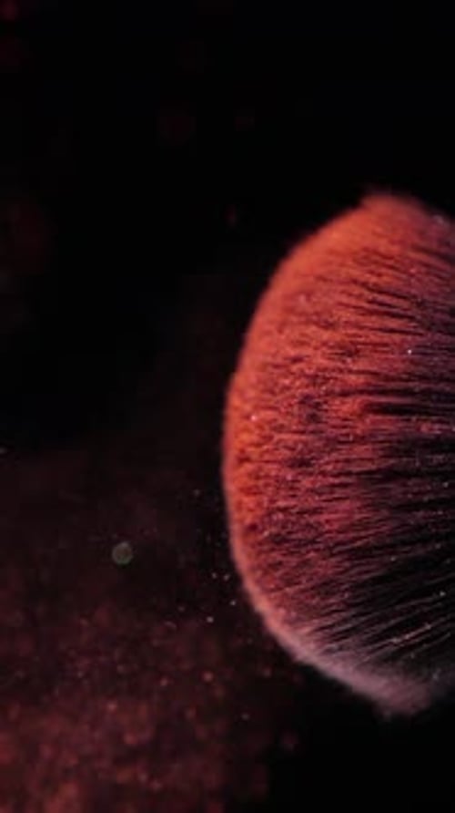 Vertical Screen Makeup Brushes Touch Each Other on Dark Background and Small Particles of Cosmetics