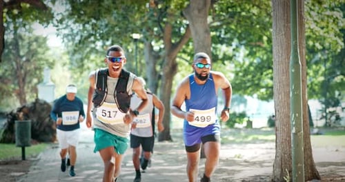 Marathon, man or running to finish line with celebration for fitness challenge