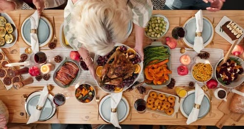 Festive Thanksgiving Table Overhead with Turkey and Food