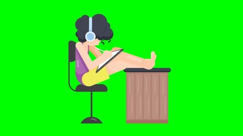 Flat Design Animation of Person Using Tablet with Headphones