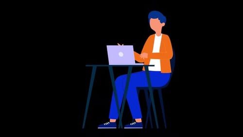 Animated Flat Design Man Working on Laptop at Desk