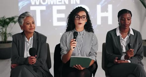 Stage, people or speaker at conference event for women in tech, leadership workshop or empowerment